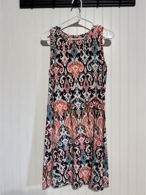 Colorful Ikat Tribal Print Sleeveless Swing Dress Summer Casual A-Line Medium